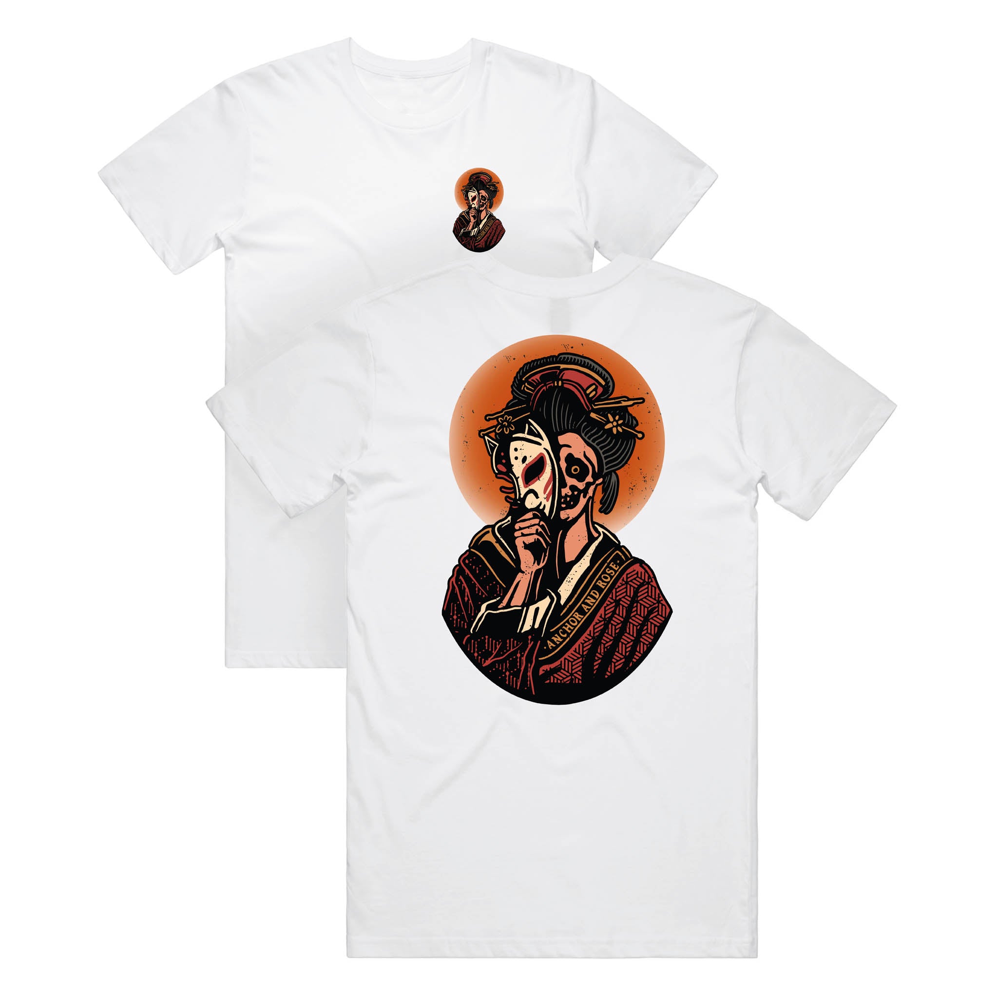 A white graphic t-shirt with a printed character design in color.